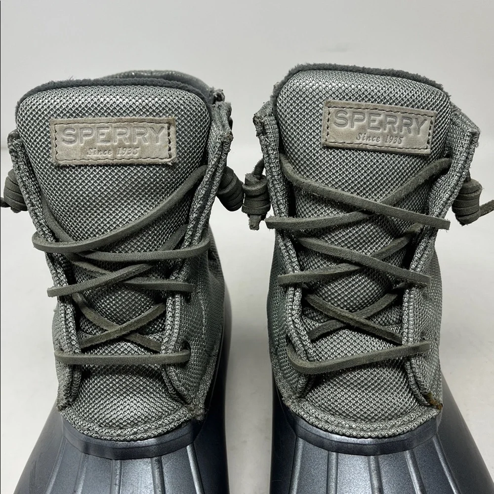 SPERRY Saltwater Silver Puff Nylon Quilted Waterproof Duck Boot Pewter Sz 8